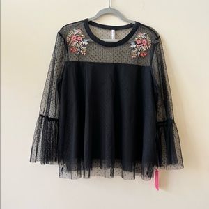 Black Polka Dot Mesh Floral Embroidered Blouse